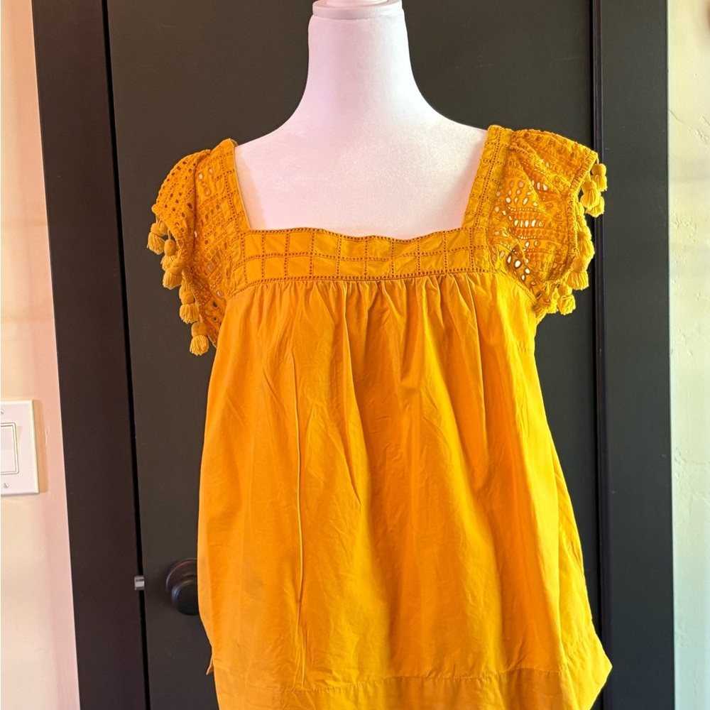 J. Crew Mustard Crochet Sleeve Blouse